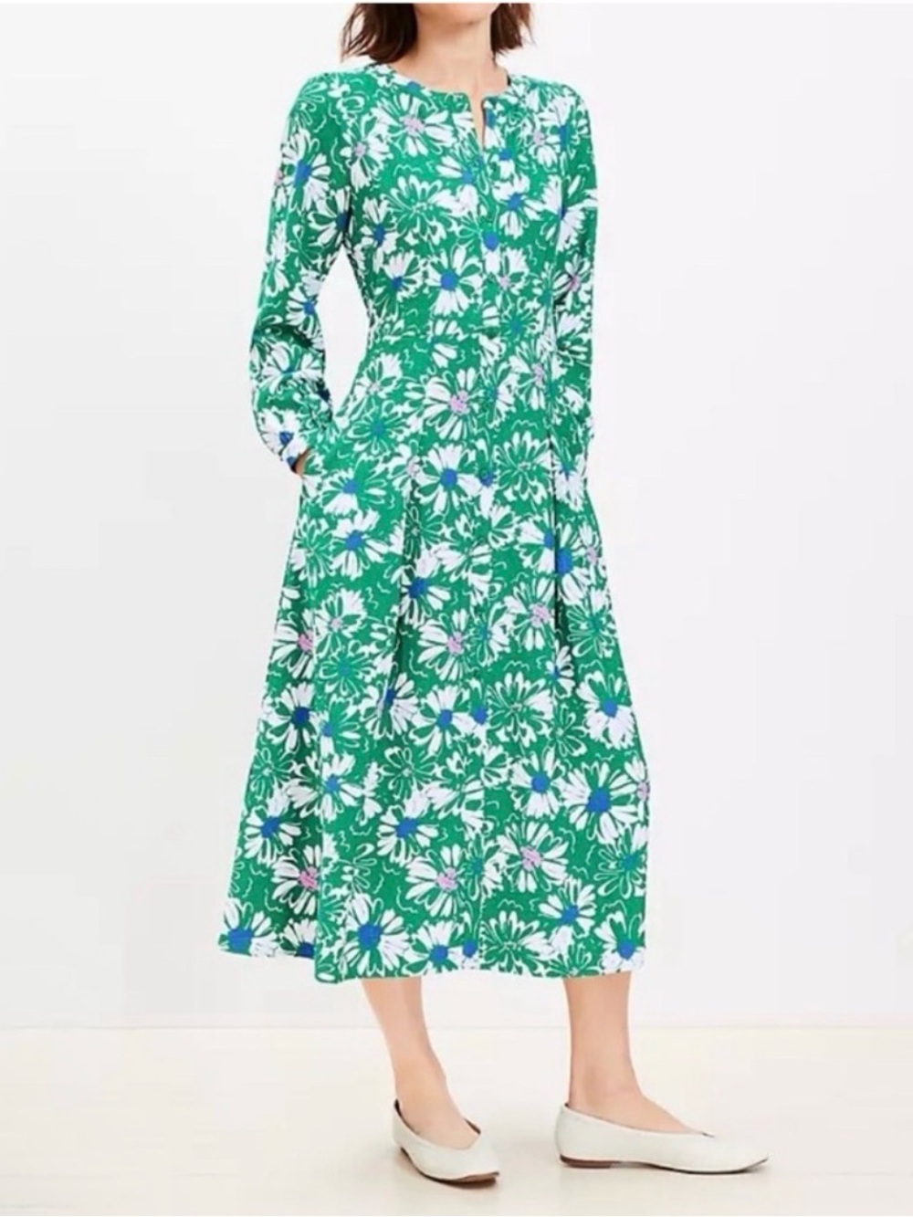 Loft Green Floral Midi Dress with Long Sleeves